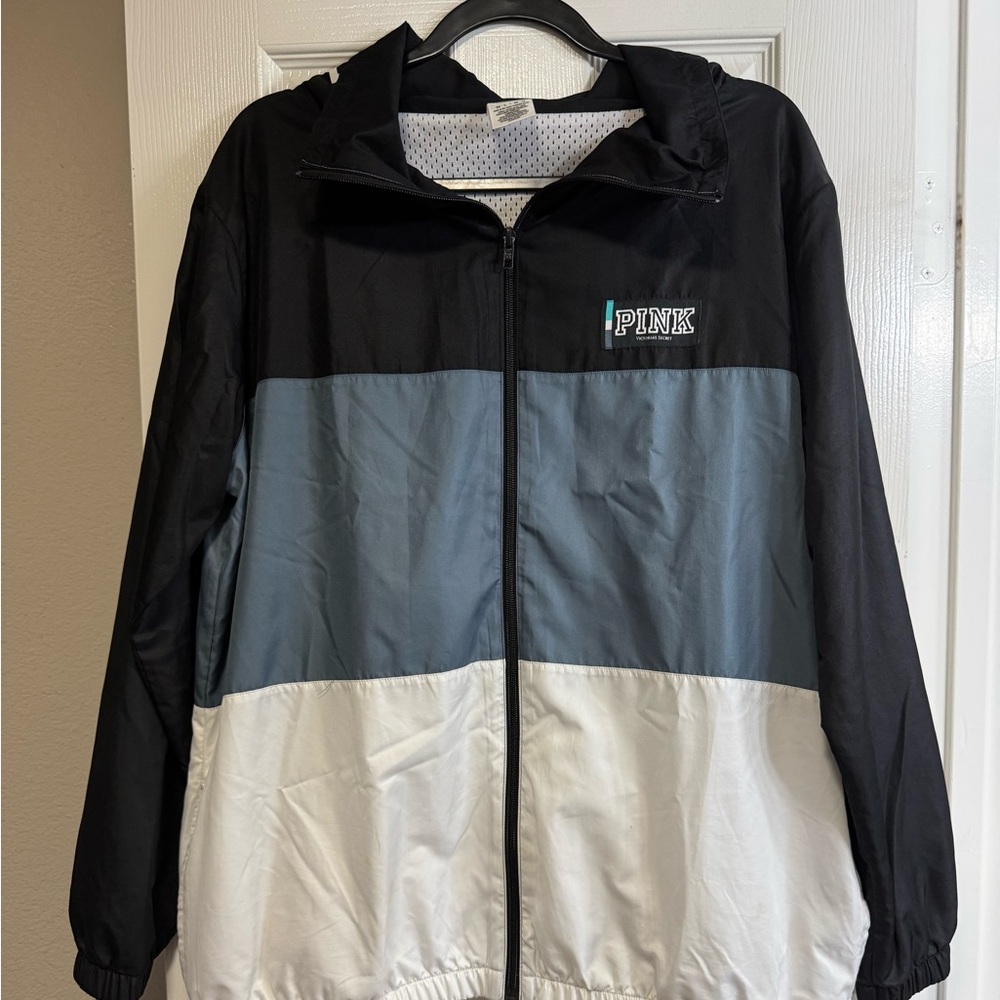 PINK color block windbreaker. Zipper. 2 side pockets. Elastic hem & sleeves. GUC